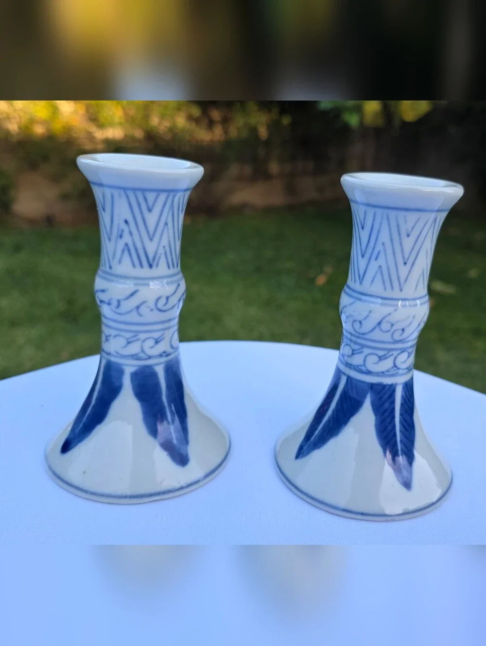 Vintage Williams Sonoma Blue & White Ceramic Candlestick Holders - Set of 2